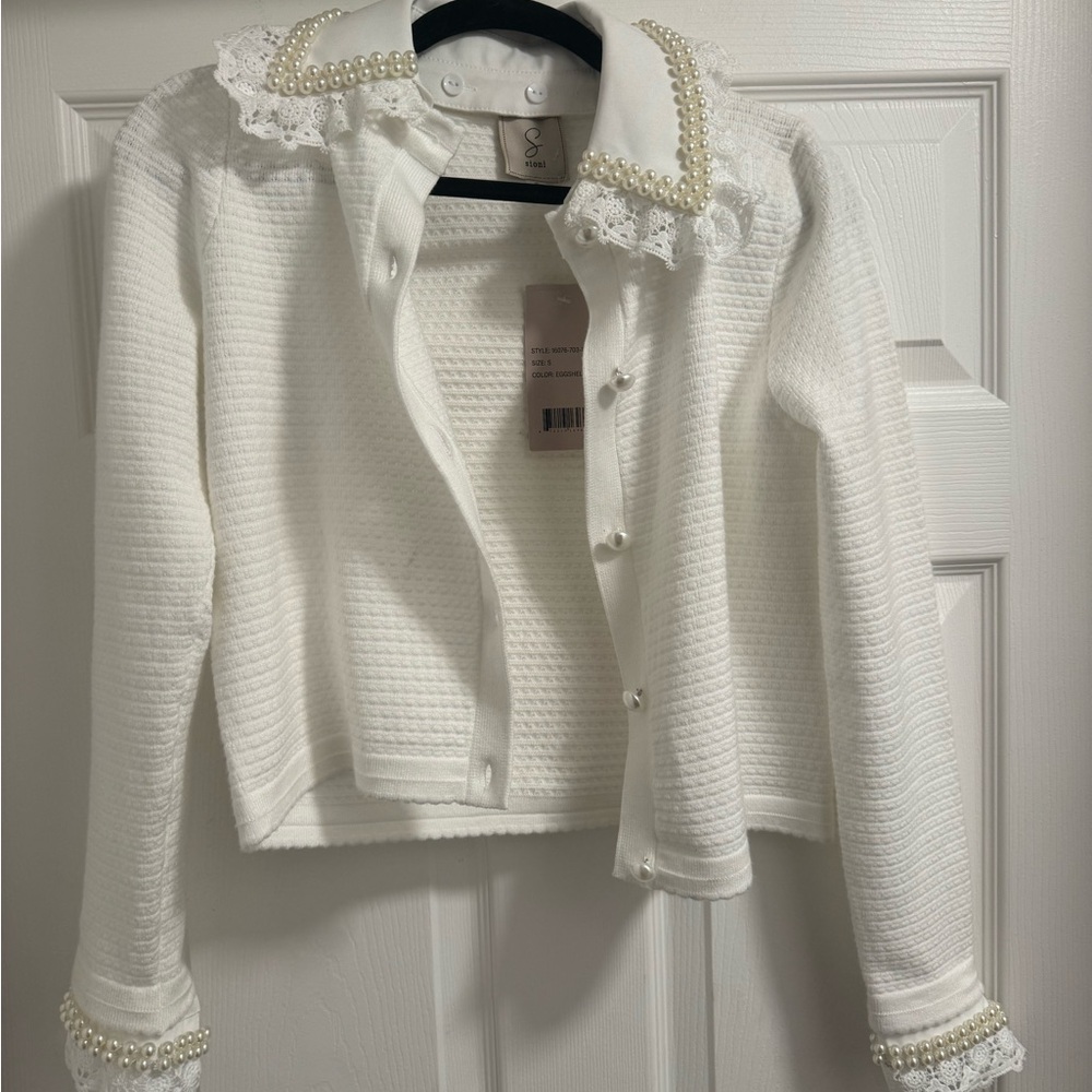 Sioni White Pearl-Trimmed Cardigan